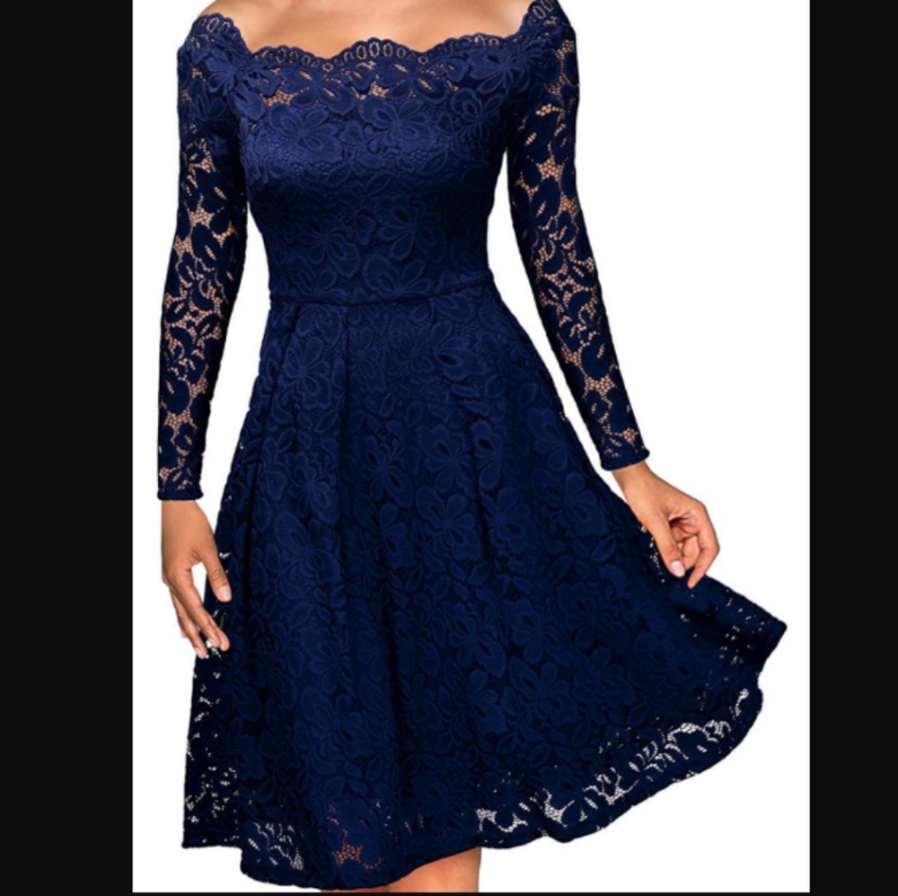 Navy Blue Lace Off the Shoulder Dress